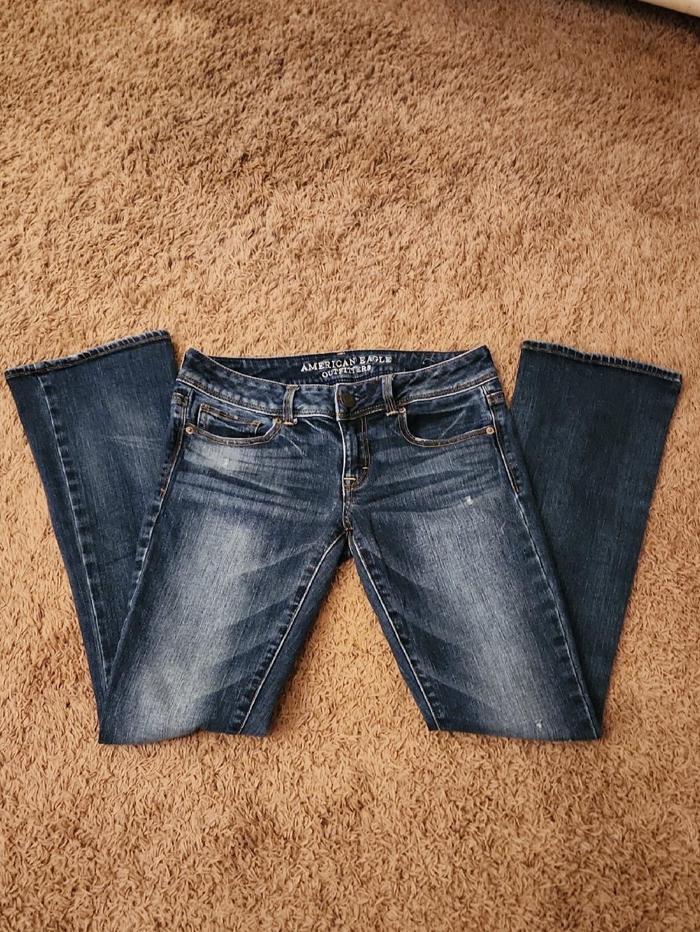 American Eagle Y2K Kick Boot Stretch Size 4 Reg - Dark Wash W/ Distress EUC